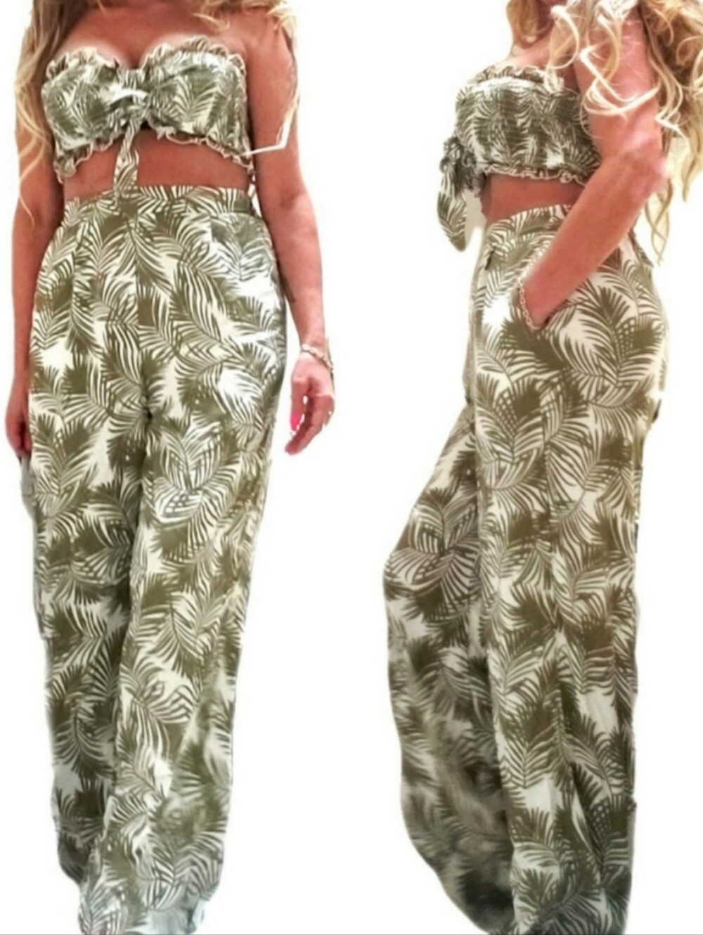 2 Piece Tropical Wide Leg High Waist Pleated Pants & Strapless Bandeau Crop Top